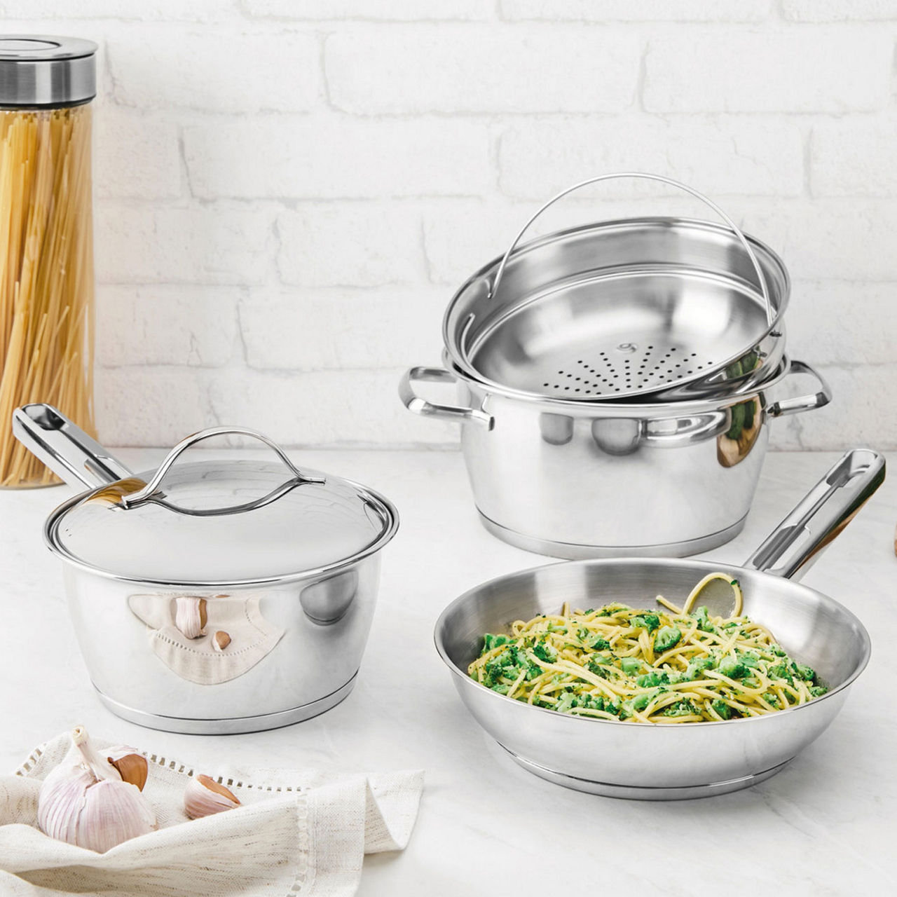 Allegra Stainless Steel Four-Piece Cookware Set Allegra Stainless Steel Four-Piece Cookware Set